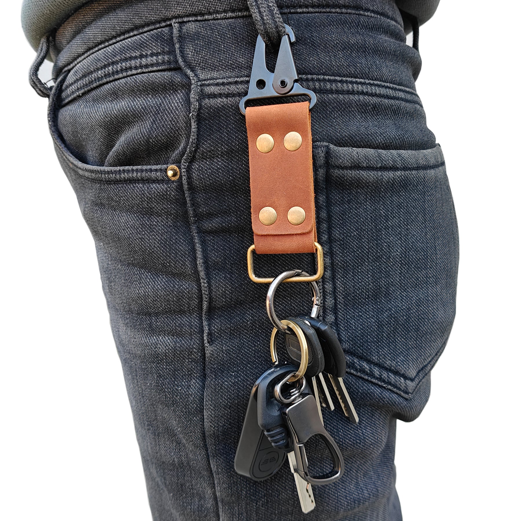 MEEBOY Large Handmade Heavy Duty Key ring holder, 4 Rivets Fixed Widened Leather Carabiner Keys